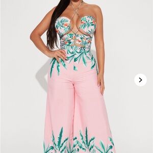 Fashion Nova Pink Tropical Wide Leg Jumpsuit